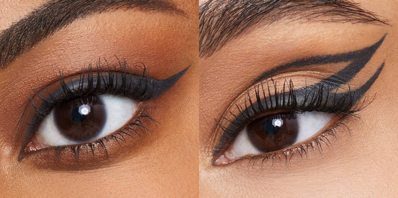 Grey eyeliner worn in a winged eyeliner shape and a creative flame eyeliner shape